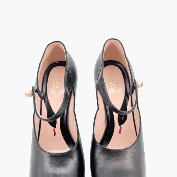 Gucci Lesley Mary Jane Pumps Size 37.5  US 7.5 Black Leather High Heel GG Pearl - Picture 6 of 15